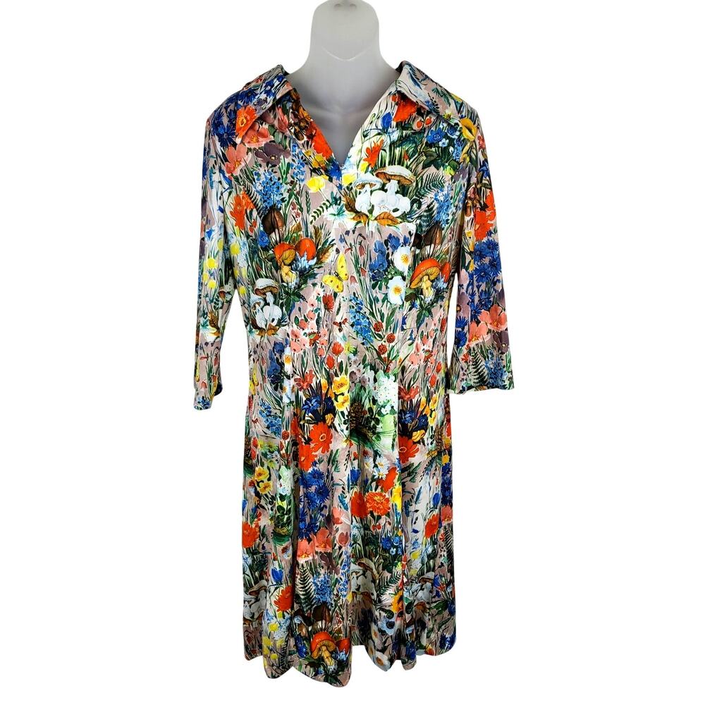 Vintage 60s 70s DAMON FASHION Polyester Pointy Collar Mushroom Floral Dress M/L